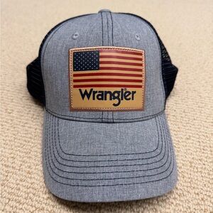 Wrangler Denim Trucker Hat with Flag Patch and Navy Blue Mesh back